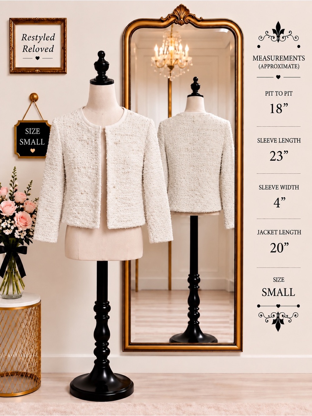 ZARA Pearl-Embellished Cropped Tweed Jacket – Cream – Small – NWT